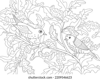 A coloring page for adult with an outline drawing of flying animals.  Avian couple sitting on branches of an oak tree. A cartoon vector illustration of nature with amusing birds for colouring book