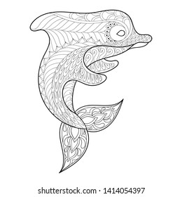 Coloring page for adult relaxing therapy. Hand drawn Dolphin illustration for antistress inspiring colouring book, artistic t-shirt print, children poster in sketch zentangle style. Vector sea animal.