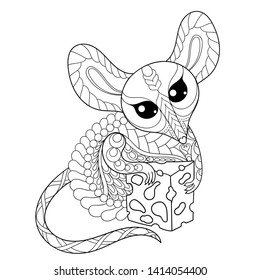 Coloring page for adult therapy. Hand drawn cute Mouse illustration for antistress relaxing colouring book, inspiring artistic children poster for Ner Year 2020 in sketch zentangle style Vector mammal