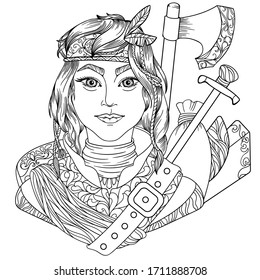 Coloring page for adults anti stress with beautiful girl hunter fantasy characters with black and white background