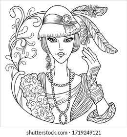 Coloring page for adults anti stress with beautiful girl 1920 fashion characters with black and white background