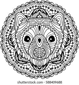 Coloring page for adults. Australian animal. The head of a marten with patterns. Monochrome ink patterns. Line art. For tattoos and other designs. Zenart