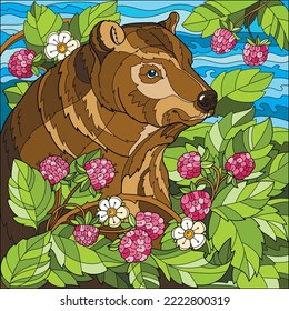 Coloring page for adults. Bear in raspberry bushes. Color version. Vector illustration.