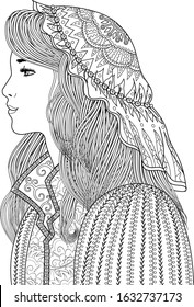 Coloring page for adults with beautiful fantasy lady in medieval dress. Coloring book with mysterious princess profile. Vector illustration