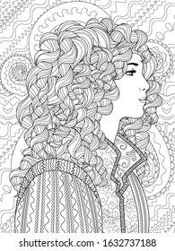 Coloring page for adults with beautiful fantasy lady in medieval dress. Coloring book with mysterious princess profile. Vector illustration