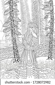 Coloring page for adults with beautiful girl dressed in a historical outfit standing in a coniferous forest in zentangle style