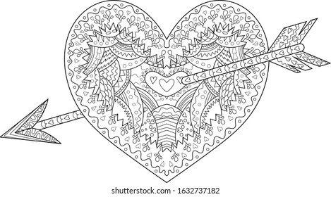 Coloring page for adults with beautiful patterned heart with arrow in zentangle style. Vector