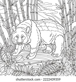 Coloring page for adults. Big panda bear standing in bamboo forest . Vector illustration.