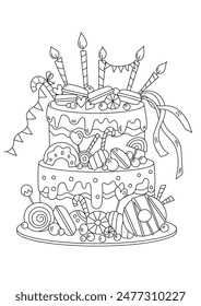 Coloring Page For Adults And Children - Birthday Cake Heavily Decorated Anti-Stress Coloring Book