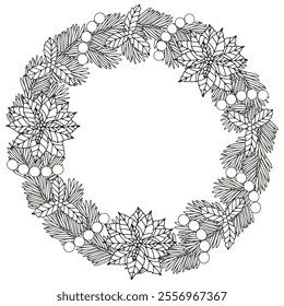 Coloring page for adults and children. Christmas wreath.