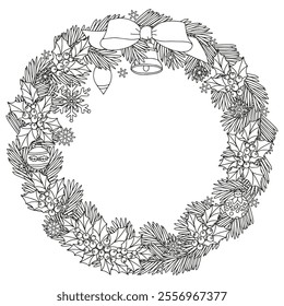 Coloring page for adults and children. Christmas wreath.