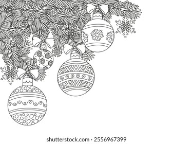 Coloring page for adults and children. Christmas balls and a Christmas tree branch.