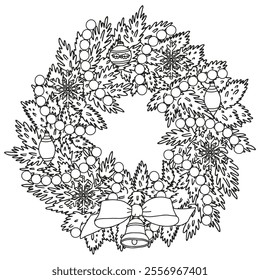 Coloring page for adults and children. Christmas wreath.