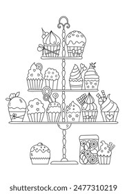 Coloring Page For Adults And Children Features A Stand With Cupcakes, Providing A Stress-Relieving Coloring Book Experience