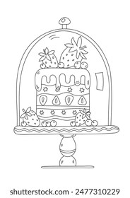 Coloring Page For Adults And Children Features A Cake On A Stand With A Transparent Cover, Providing A Stress-Relieving Coloring Book Experience