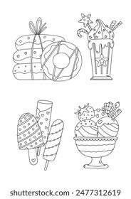 Coloring Page For Adults And Children Features Donuts, Milkshake, Ice Cream In An Anti-Stress Coloring Book