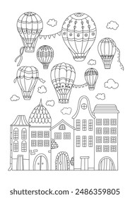 Coloring Page For Adults And Children Features Hot Air Balloons Over City, Providing Stress Relief