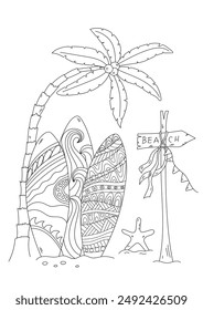 Coloring Page For Adults And Children Features Surfboards Near Palm Trees On An Island