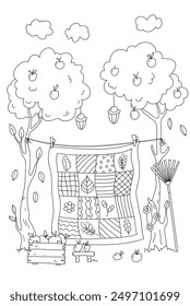 Coloring Page For Adults And Children Features Two Apple Trees With A Patchwork Quilt Hanging Between Them On A Rope