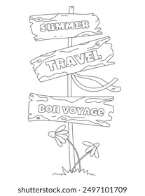 Coloring Page For Adults And Children Features Wooden Signs With Inscriptions: Summer, Travel, And bon voyage