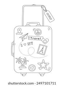 Coloring Page For Adults And Children Features Suitcase On Wheels With Numerous Stickers