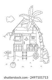 Coloring Page For Adults And Children Features A Beach House And Palm Tree