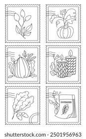 Coloring Page For Adults And Children Features Postage Stamps With Autumn Theme - Pumpkin, Calendar, Candles, Autumn Leaves