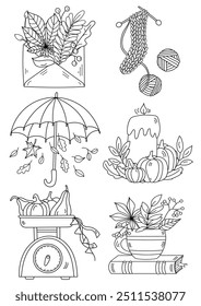 Coloring Page For Adults And Children Features Autumn Drawings: Umbrella, Pumpkins, Candle, Knitted Sock, Book, Cup