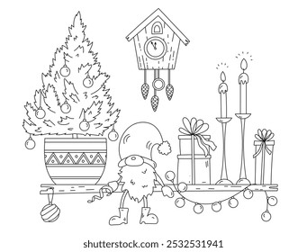 Coloring Page For Adults And Children Features A Shelf With A Christmas Tree, Gnome, And Christmas Decorations