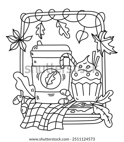 Coloring Page For Adults And Children Features Autumn Coffee, Cupcake, And Leaves
