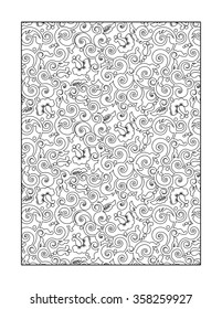 Coloring page for adults (children ok, too) with whimsical swirly floral pattern, or monochrome decorative background.
