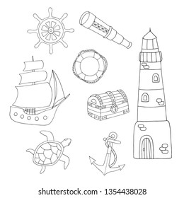 Coloring page for adults and children with sea set: ship, lighthouse, steering wheel, anchor, telescope, chest, sea turtle