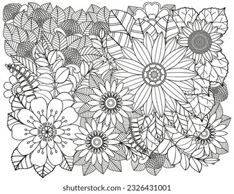 Coloring page for adults and children. Vector flower carpet.