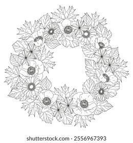 Coloring page for adults and children. Wreath of leaves and flowers.