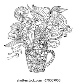 Coloring page for adults with a cup and flowers