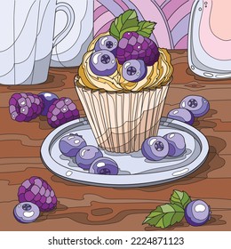 Coloring page for adults. Cupcake with blueberries and blackberries. Color version.  Vector illustration.