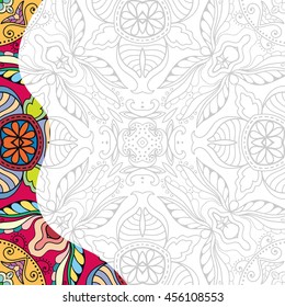 Coloring page for adults. Decorative floral geometric ornament for painting, pattern for coloring book. Authentic carpet design, line art. Ethnic, doodle, tribal background. Monochrome vector pattern.