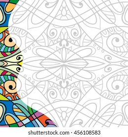 Coloring page for adults. Decorative floral geometric ornament for painting, pattern for coloring book. Authentic carpet design, line art. Ethnic, doodle, tribal background. Monochrome vector pattern.