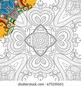 Coloring page for adults. Decorative floral ornament for painting, pattern for coloring book. Authentic carpet design, line art. Ethnic, doodle, tribal background. Black and white vector pattern.