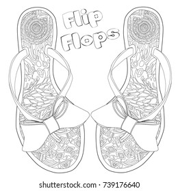 Coloring  page for adults. Flip flops with bows. Art Therapy. Line art illustration.