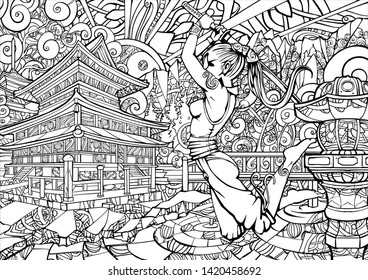 Coloring page for adults, girl samurai in the jump.