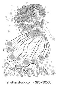 Coloring page for adults with girl-spring, flowers and bird.