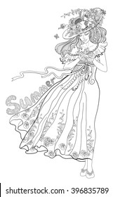 Coloring page for adults with girl-summer, flowers and butterflies.