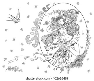 Coloring page for adults with girl-summer, flowers, birds and butterflies.