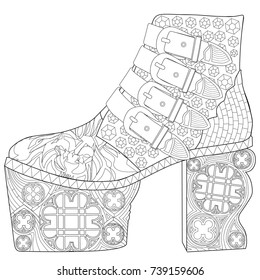 Coloring  page for adults. Gothic boot. Art Therapy. Line art illustration.