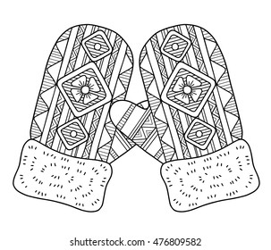 Coloring page for adults. Hand Drawn warm knitted mittens. Vector Element Isolated in white for christmas design and greeting cards