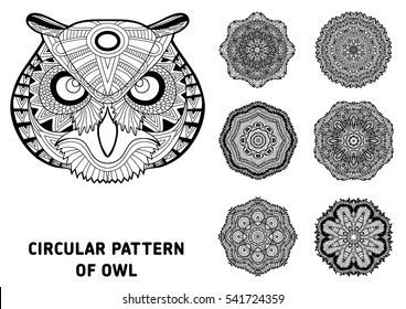 Coloring page for adults. The head of a owl and patterns of rotational circular drawn from the head of the owl. Monochrome patterns with ink. Line art