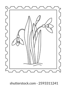 Coloring Page For Adults And Kids With Postage Stamp Snowdrops