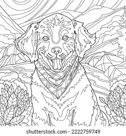 Coloring page for adults. Labrador puppy in forest. Vector illustration.