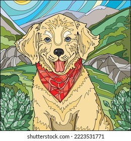 Coloring page for adults. Labrador puppy in forest. Color version. Vector illustration.